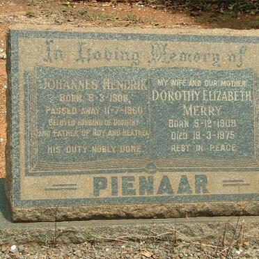 PIENAAR Johannes Hendrik 1898-1960 &amp; Dorothy Elizabeth Merry 1909-1975