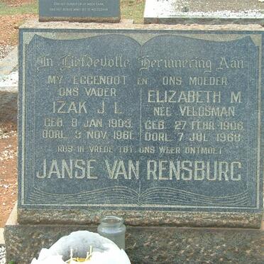 RENSBURG Izak J.L., Janse van 1903-1961 &amp; Elizabeth M. VELDSMAN 1906-1968