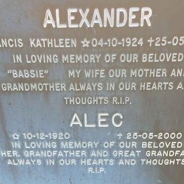 ALEXANDER Alec 1920-2000 &amp; Francis Kathleen 1924-1990