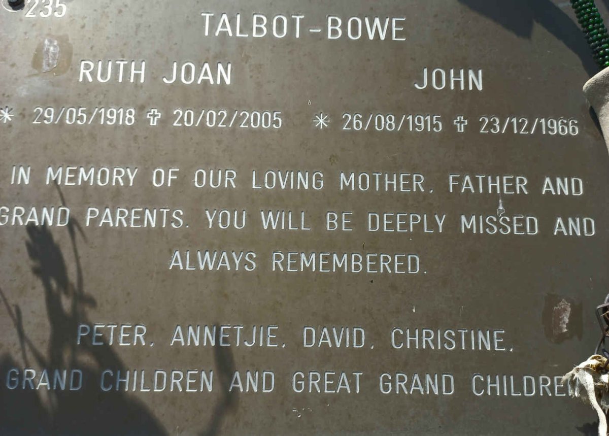 BOWE John, TALBOT- 1915-1966 &amp; Ruth Joan 1918-2005