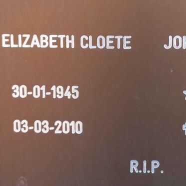 CLOETE John Peter 1943-2013 &amp; Susanna Elizabeth 1945-2010