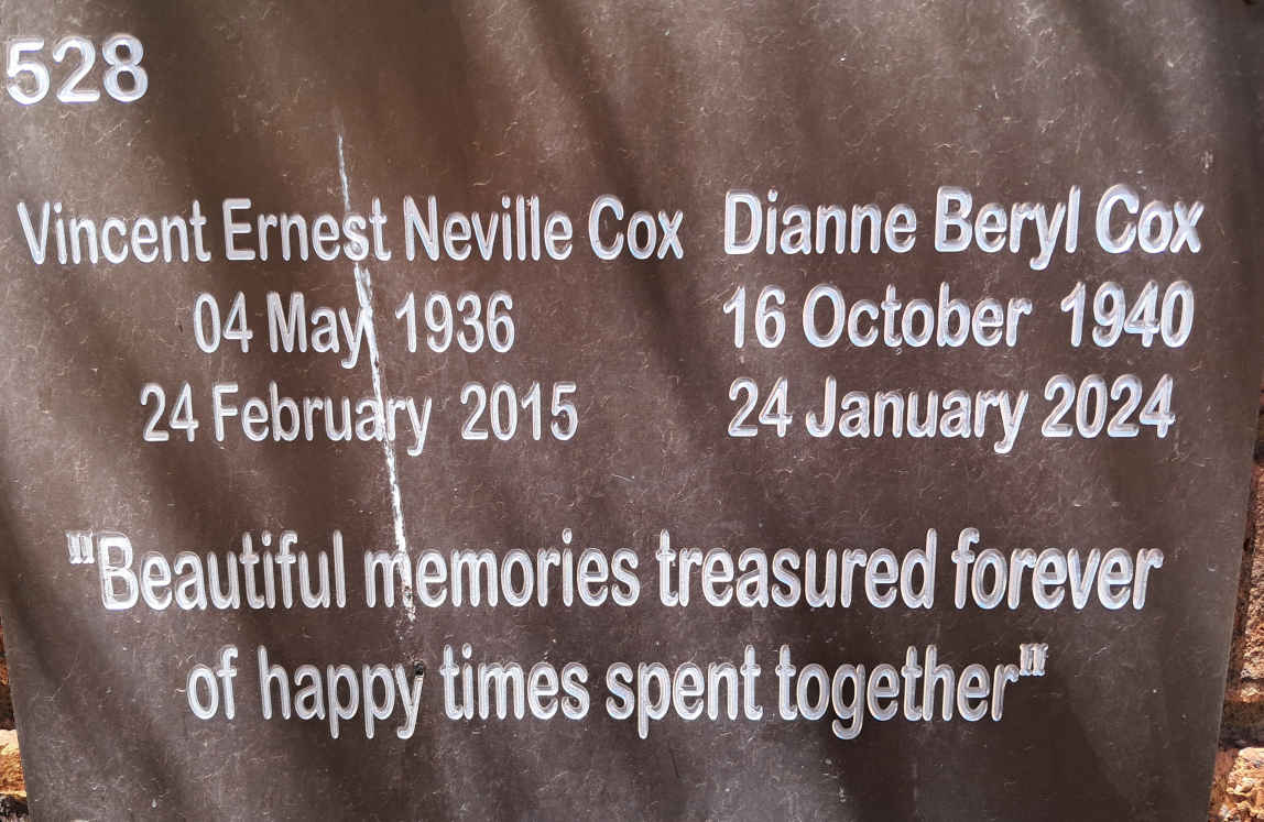 COX Vincent Ernest Neville 1936-2015 & Dianne Beryl 1940-2024