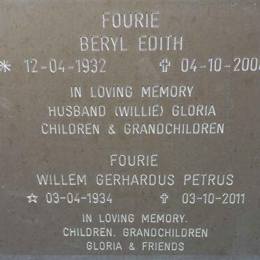 FOURIE Willem Gerhardus Petrus 1934-2011 &amp; Beryl Edith 1932-2008
