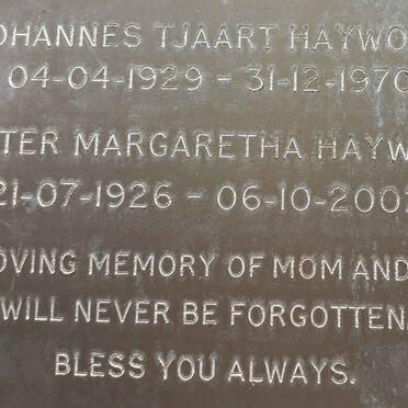 HAYWOOD Johannes Tjaart 1929-1970 &amp; Hester Margaretha 1926-2002