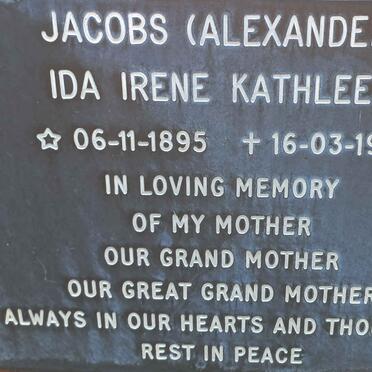 JACOBS Ida Irene Kathleen nee ALEXANDER 1895-1991