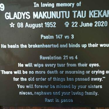 KEKANA Gladys Makunutu Tau 1952-2020