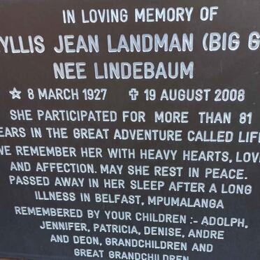 LANDMAN Phyllis Jean nee LINDEBAUM 1927-2008