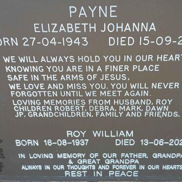 PAYNE Roy William 1937-2021 &amp; Elizabeth Johanna 1943-2001