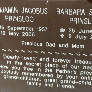 PRINSLOO Benjamin Jacobus 1937-2006 &amp; Barbara Shirley 1938-2021