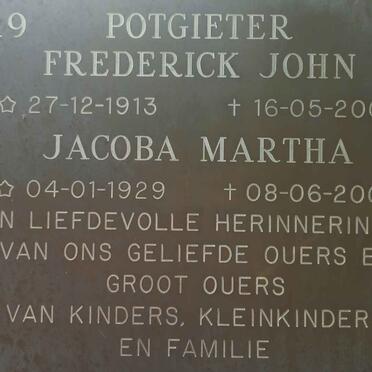 POTGIETER Frederick John 1913-2000 &amp; Jacoba Martha 1929-2000