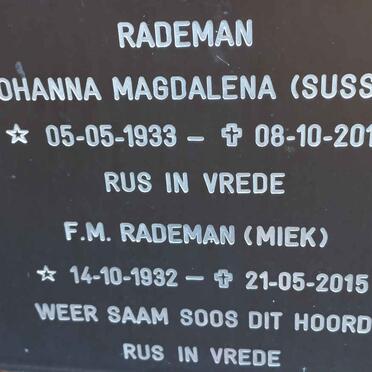RADEMAN F.M. 1932-2015 &amp; Johanna Magdalena 1933-2013