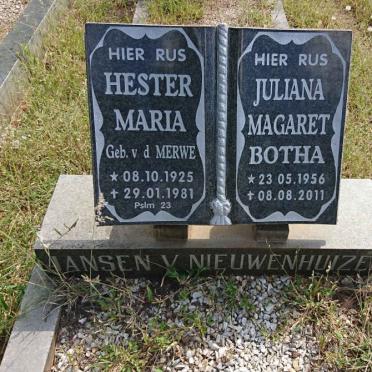 NIEUWENHUIZEN Hester Maria, Jansen van nee V.D. MERWE 1925-1985 :: BOTHA Juliana Magaret nee JANSEN VAN NIEUWENHUIZEN 1956-2011