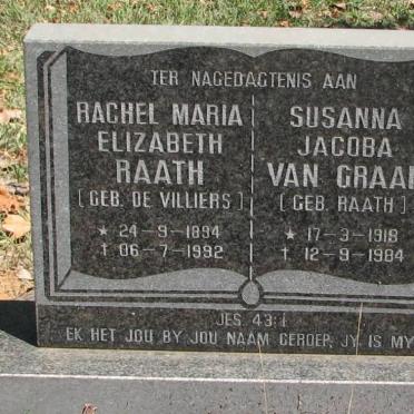 RAATH Rachel Maria Elizabeth nee DE VILLIERS 1894-1992 :: VAN GRAAN Susanna Jacoba nee RAATH 1919-1984
