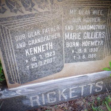 RICKETTS Kenneth 1923-2007 &amp; Marie Cilliers HOFMEYR 1930-1986