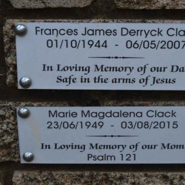 CLACK Frances James Derryck 1944-2007 &amp; Marie Magdalena 1949-2015