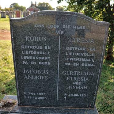 KRUGER Jacobus Andries 1935-2006 &amp; Gertruida Etresia SNYMAN 1931-