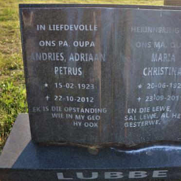 LUBBE Andries Adriaan Petrus 1923-2012 &amp; Maria Christina 1924-2011
