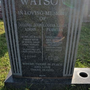 WATSON John Adrian 1924- &amp; Louisa Francina 1929-2007