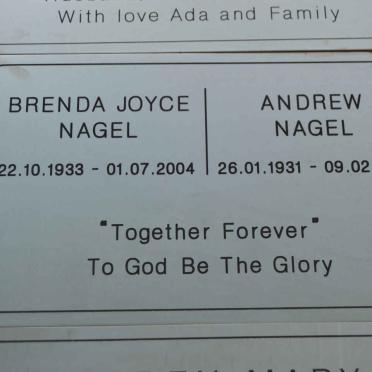 NAGEL Andrew 1931-2014 &amp; Brenda Joyce 1933-2004