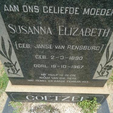 COETZEE Susanna Elizabeth nee JANSE VAN RENSBURG 1890-1967
