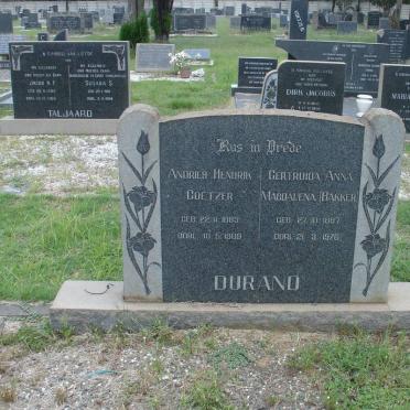 DURAND Andries Hendrik Coetzer 1883-1969 &amp; Gertruida Anna Magdalena BAKKER 1887-1976