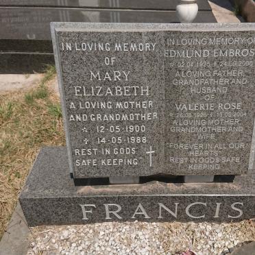 FRANCIS Mary Elizabeth 1900-1988 :: FRANCIS Edmund Embrose 1925-2006 &amp; Valerie Rose 1926-2004