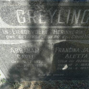 GREYLING Abraham Carel 1879-1972 &amp; Francina Jacoba Aletta DU PLESSIS 1893-1937