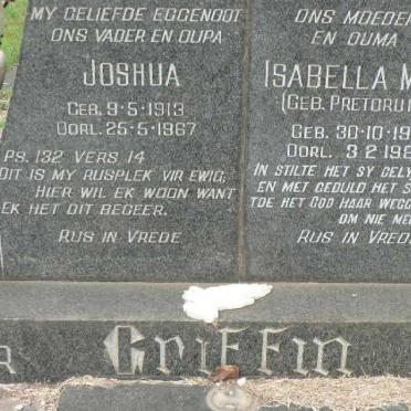 GRIFFIN Joshua 1913-1967 &amp; Isabella M.C. PRETORIUS 1919-1988