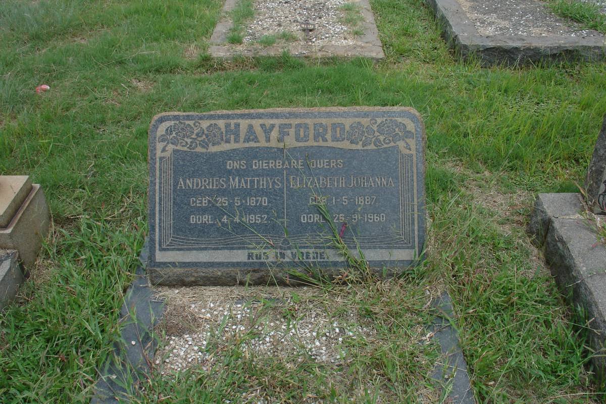 HAYFORD Andries Matthys 1870-1952 &amp; Elizabeth Johanna 1887-1960