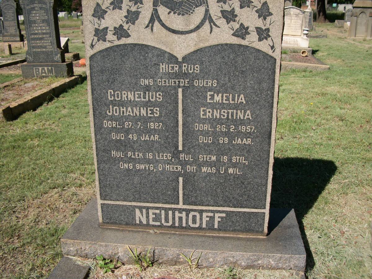 NEUHOFF Cornelius Johannes -1927 &amp; Emelia Ernstina -1957