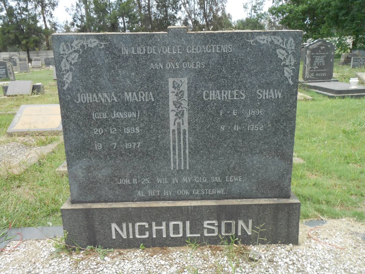 NICHOLSON Charles Shaw 1896-1952 &amp; Johanna Maria JANSON 1895-1977