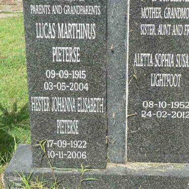 PIETERSE Lucas Marthinus 1915-2004 &amp; Hester Johanna Elisabeth 1922-2006 :: LIGHTFOOT Aletta Sophia Susanna 1952-2012