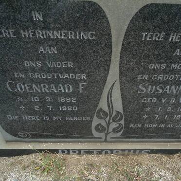 PRETORIUS Coenraad F. 1892-1980 &amp; Susanna L. VAN DER WALT 1893-1980