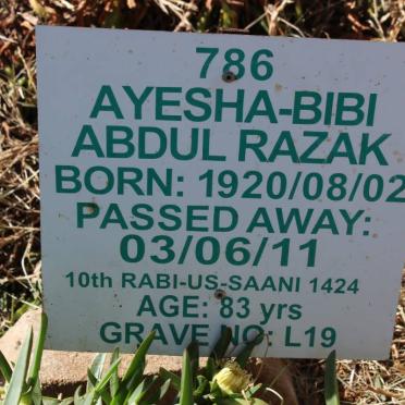 RAZAK Ayesha-bibi Abdul 1920-1922
