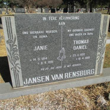 RENSBURG Thomas Daniel, Jansen van 1922-1988 &amp; Janie 1914-1991