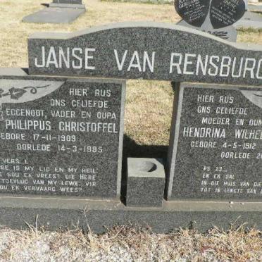RENSBURG Philippus Christoffel, Janse van 1909-1985 &amp; Hendrina Wilhelmina 1912-1991