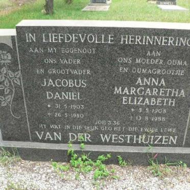 WESTHUIZEN Jacobus Daniel, van der 1903-1980 &amp; Anna Margaretha Elizabeth 1908-1988