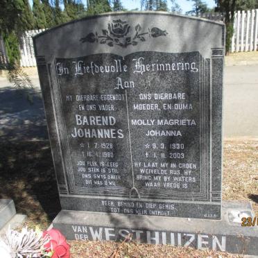 WESTHUIZEN Barend Johannes, van der 1928-1980 &amp; Molly Magrieta Johanna 1930-2003