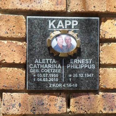 KAPP Ernest Philippus 1947- &amp; Aletta Catharina COETZEE 1950-2010