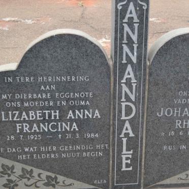 ANNANDALE Johan Paul Rheeder 1924-1996 &amp; Elizabeth Anna Francina 1925-1984