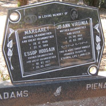 ADAMS Essop Hoosain 1923-2003 &amp; Margaret 1940-1994 :: PIENAAR Jo-Ann Virginia 1958-1997