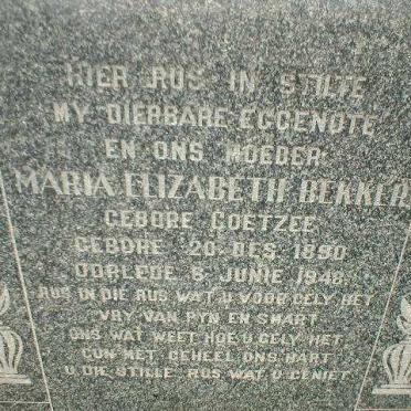 BEKKER Maria Elizabeth nee COETZEE 1890-1948