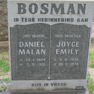 BOSMAN Daniel Malan 1874-1951 &amp; Joyce Emily 1892-1974