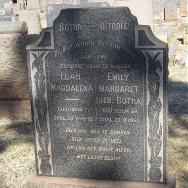 BOTHA Leah Magdalena -1948 :: O'TOOLE Emily Margaret nee BOTHA -1951