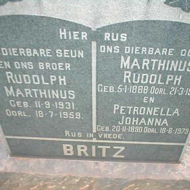 BRITZ Marthinus Rudolph 1888-1958 &amp; Petronella Johanna 1890-1979 :: BRITZ Rudolph Marthinus 1931-1959