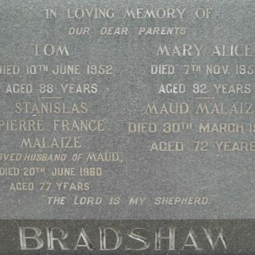 BRADSHAW Tom -1952 &amp; Mary Alice -1956 :: MALAIZE Stanislas Pierre France -1960 &amp; Maud -1969