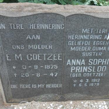 COETZEE E.M. 1875-1947 :: PRINSLOO Anna Sophia nee COETZEE 1912-1979