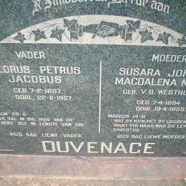 DUVENAGE Florus Petrus Jacobus 1887-1967 &amp; Susara Johanna Magdalena Maria  V.D. WESTHUIZEN 1894-1959