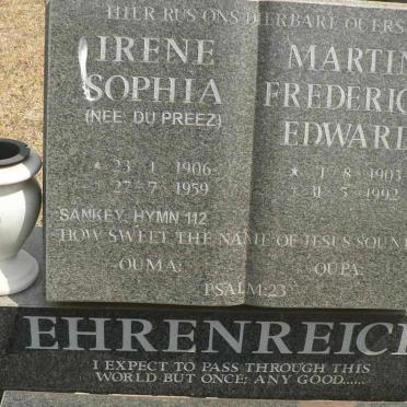 EHRENREICH Martin Frederick Edward 1903-1992 &amp; Irene Sophia du PREEZ 1906-1959