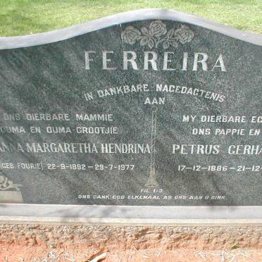 FERREIRA Petrus Gerhardus 1886-1960 &amp; Susanna Margaretha Hendrina FOURIE 1892-1977
